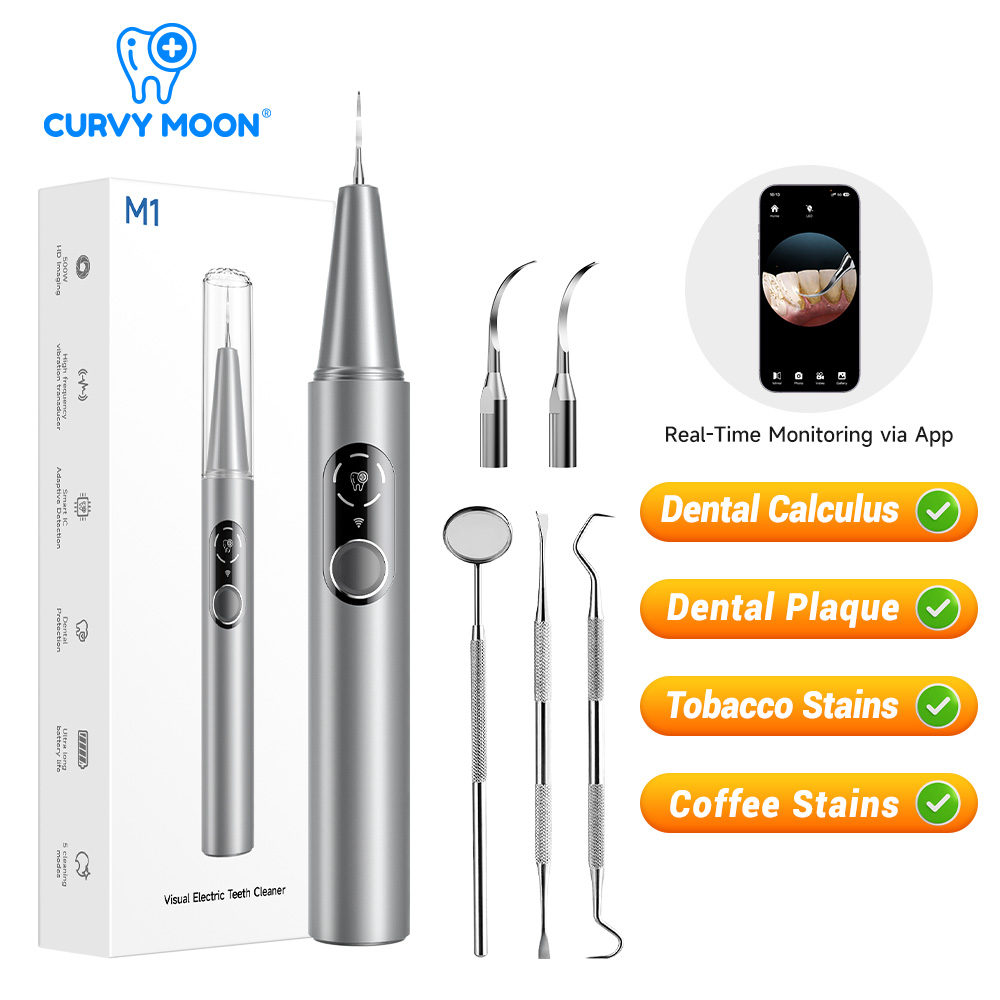 Teeth Whitening Mouthwash - CURVY MOON เครื่องทำความสะอาดฟันด้วยคลื่นอัลตราโซนิกแบบไฟฟ้าพร้อมกล้อง กำจัดคราบหินปูน เครื่องมือทำความสะอาดคราบฟัน การดูแลฟันขาว
